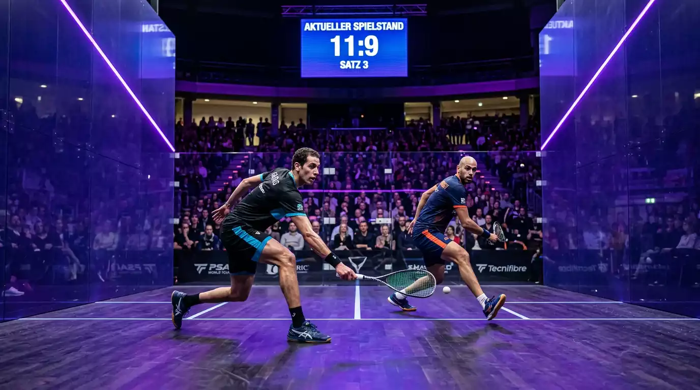 PSA-Squash-Turnier auf einem beleuchteten Glasscourt vor Publikum