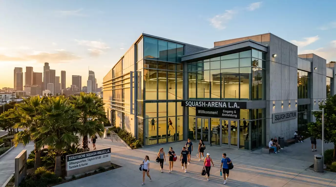 Squash-Court in einer Sportarena mit olympischen Ringen als Symbol für das Debüt bei Olympia 2028 in Los Angeles