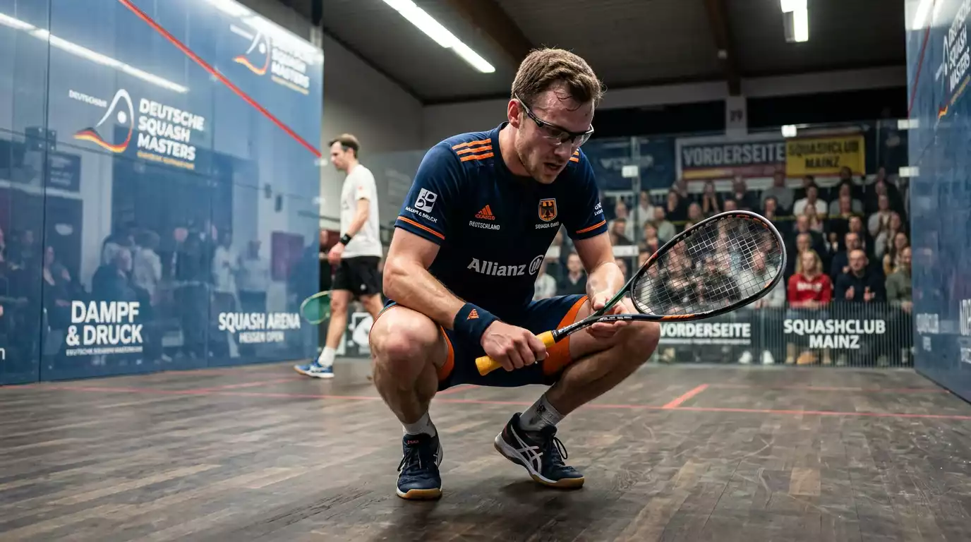 Squash-Spieler in konzentrierter Haltung zwischen zwei Sätzen auf dem Court