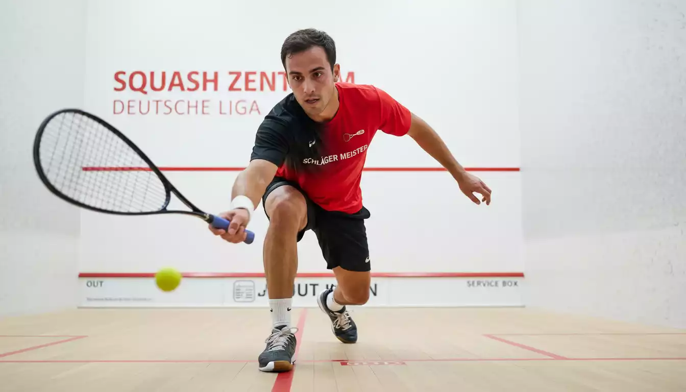 Squash-Spieler beim intensiven Match, sichtbare Konzentration und physische Anstrengung auf dem Court